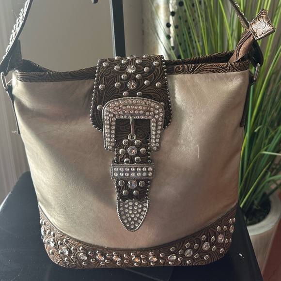 Handbags - Western Style tooled Floral Faux Leather with Rhinestone buckle shoulder bag